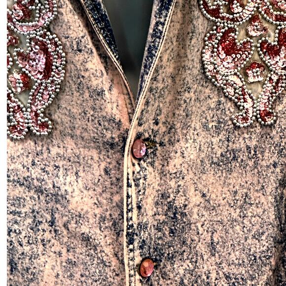 Designs USA Vintage Acid Washed Long Embellished Bejeweled Pink Denim Duster - Picture 2 of 16